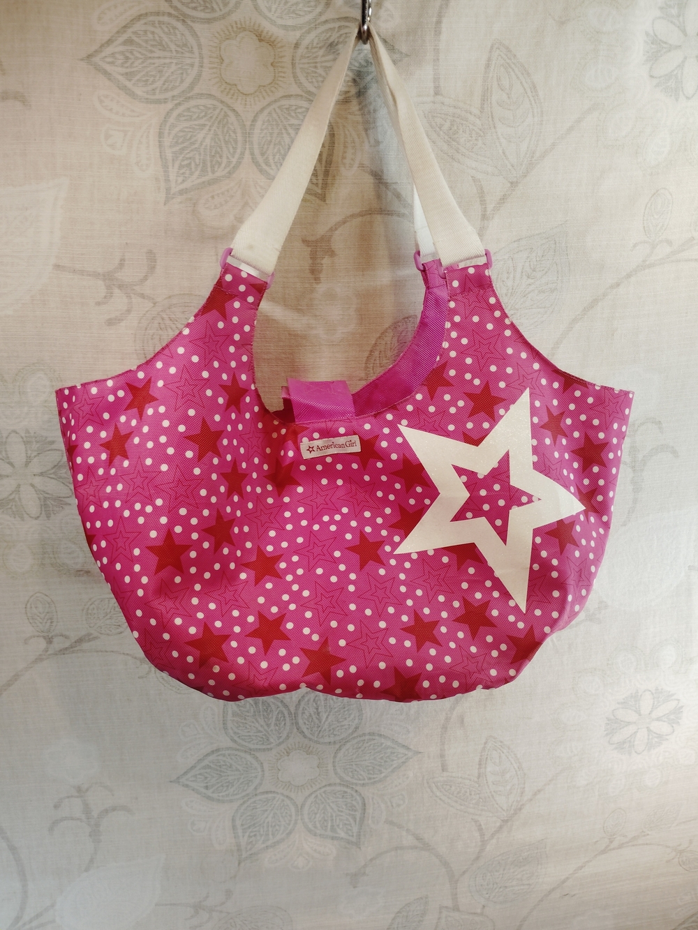 American Girl Hot Pink Star Print Shoulder Tote Bag with White Star Accent